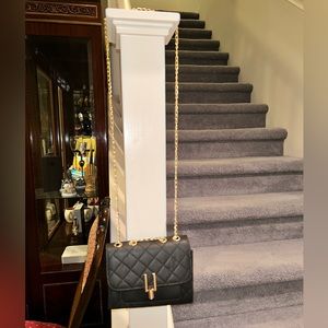 Long  chain cross body small square bag.  :Black - green white